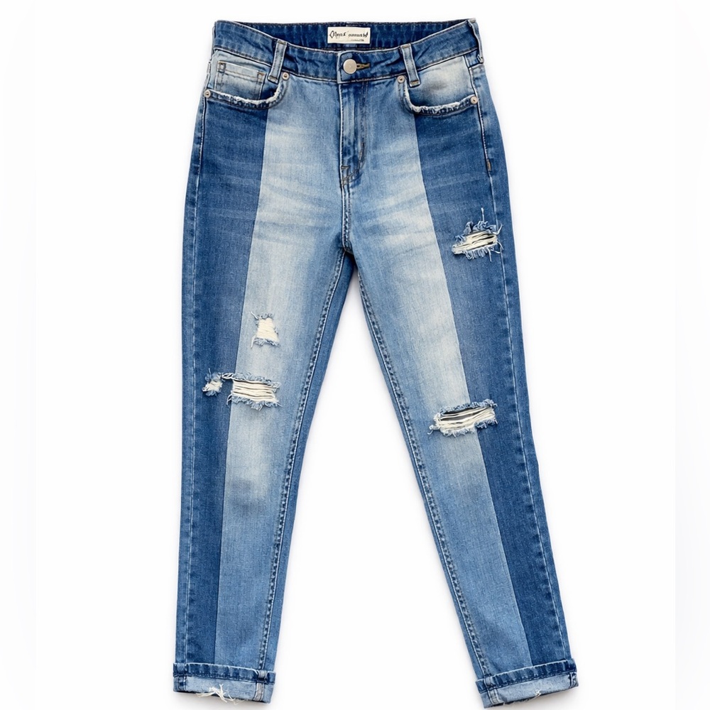Free People Two-Tone Panel Distressed Skinny Jeans sz 25 Boho Patchwork